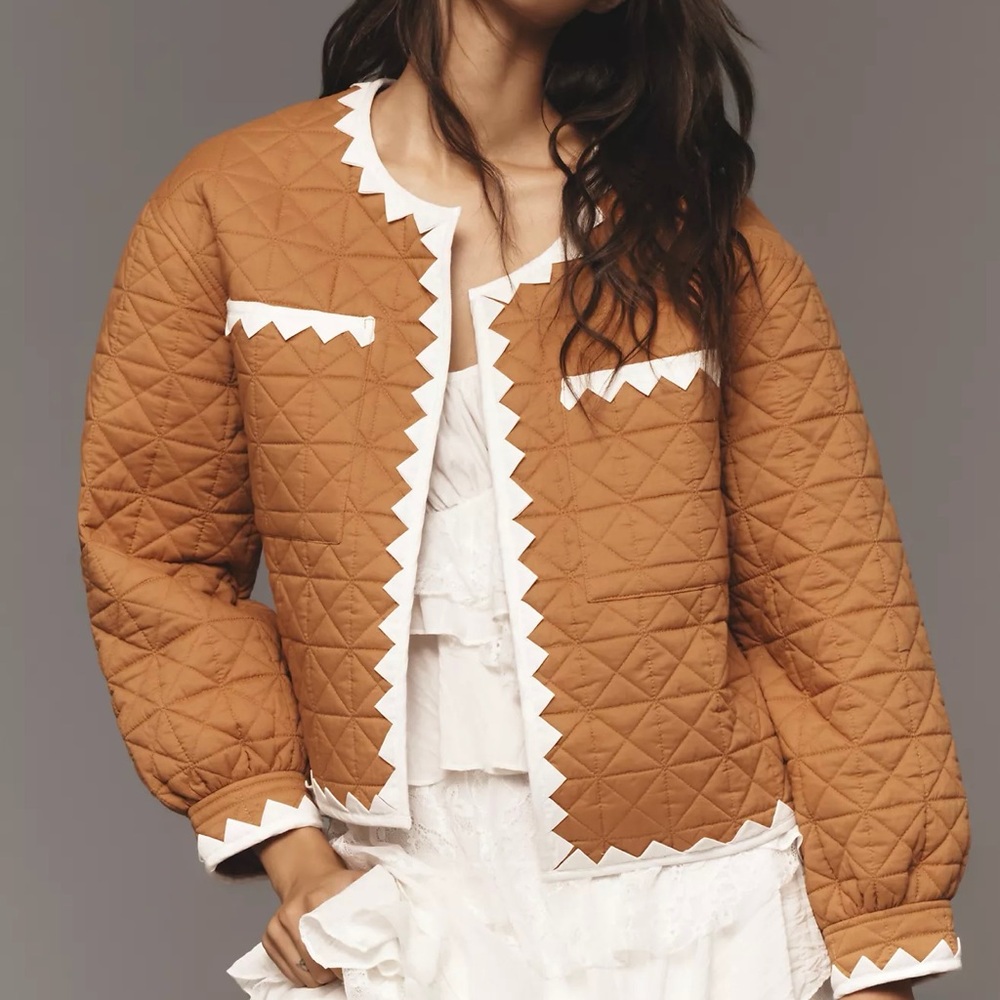 NWT Anthropologie Zigzag-Trim Quilted Open Front Jacket
